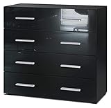 Vladon Sideboard Pavos, Kommode mit 4 Schubladen, Schwarz matt/Schwarz Hochglanz (76 x 72 x 35 cm)