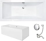 VBChome Badewanne 180 x 80 cm Acryl SET Schürze Siphon Acrylwanne Wanne Rechteck Weiß Design Modern Wannenfüßen Ablaufgarnitur Chrome Viega Simplex