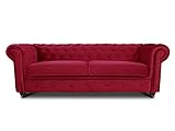 Sofa Chesterfield Asti 3-Sitzer, Couch 3-er, Glamour Design, Couchgarnitur, Sofagarnitur, Holzfüße, Polstersofa - Wohnzimmer, Velours (Rot (Velvet 59))