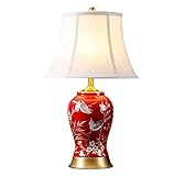 HALAHAI Tischleuchte Wohnzimmer Nachttischlampe Chinesische Keramik-Tischlampe, Handbemalte Blume Und Vogel, Glasierte Nachttischlampe, Rot, Für Schlafzimmer, Wohnzimmer (Color : Dimmer switch)