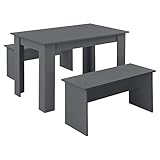 [en.casa] Tisch- und Bank Set 3 teilig Essgruppe für 4 Tisch 110 x 70 cm mit 2 Bänken Tischgruppe Sitzgruppe Grau