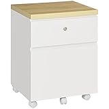 Vinsetto Rollcontainer Bürocontainer mit 2 Schubladen Aktenschrank mit Rollen Abschließbarer Büroschrank Druckschrank Rollschrank Spanplatte MDF Weiß+Naturholz 47 x 39,5 x 62 cm