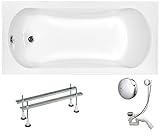 VBChome Acryl Badewanne 160x70 cm Weiß Rechteck Wanne Siphon Wannenfüße Design Modern Ablaufgarnitur in Chrom Viega Simplex
