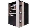 Furniture24 Eckkleiderschrank Planet PL-1, Garderobenschrank, Begehbarer Kleiderschrank, Schrank mit Einlegeböden, Schubladen, Kleiderstange und Innebeleuchtung (Schwarz/Eiche/Beige)