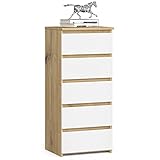 AKORD | Kommode mit 5 Schubladen| Rollschubladen | Schubladenschrank Kleiderschrank | Sideboard mit Ablage | Robust | Universal Design | Artisan Eiche/Weiß