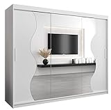 Kryspol Schwebetürenschrank Madryt 250 cm mit Spiegel Kleiderschrank mit Kleiderstange und Einlegeboden Schlafzimmer- Wohnzimmerschrank Schiebetüren Modern Design (Weiß)