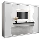 Kryspol Schwebetürenschrank Madryt 250 cm mit Spiegel Kleiderschrank mit Kleiderstange und Einlegeboden Schlafzimmer- Wohnzimmerschrank Schiebetüren Modern Design (Weiß)