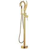 SWHC Freistehende Armatur Badewanne, 2 Modus Standarmatur für Wanne mit Handbrause Antiquität Geschnitzt Bodenstehende Wannenarmatur Messing Badewannenarmatur