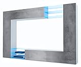 Vladon Wohnwand Mirage, Anbauwand mit Rückwand mit 2 Türen, 2 Klappen und 6 offenen Glasablagen, Weiß matt/Beton Dunkel Optik, inkl. LED-Beleuchtung (262 x 183 x 39 cm)