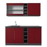 Vicco Küchenzeile Küchenblock Einbauküche R-Line J-Shape 160 cm modern Küchenschränke Küchenmöbel (Anthrazit-Rot)