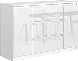 meble masztalerz Kommode 120 cm Weiss mit Hochglanz-Fronten mit 3 Schubladen und 2 Türen - 120,4 x 78,2 x 39 cm - Sideboard Wohnzimmer, Schlafzimmer - Schubladenschrank - Komodenschrank