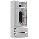 BDW Kleiderschrank 2-Türiger Kleiderschrank mit 2 Schubladen - Kleiderbügel - Oberfläche Glanz - Kleiderschrank für das Schlafzimmer Wohnzimmer Flur - 180x60x51cm Weiß/Grau