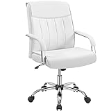 Yaheetech Bürostuhl Ergonomisch Schreibtischstuhl, Chefsessel, Drehstuhl mit Rollen, Drehbar und Wippfunktion, Höhenverstellbar, aus Kunstleder, Weiß