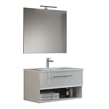 Mama Store GEA2 60 - Hängeschrank 60 cm Schublade und Tagesfach weiß glänzend lackiert mit Waschbecken, Spiegel und LED-Lampe, L 62 x B 46 x H 45 cm