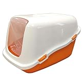 Große geschlossene überdachte Katzentoilette mit Schwingtür für Katzen - abnehmbarer Deckel und transparenter Klappdeckel, robustes Kunststoffmaterial 57 x 40 x 37 cm (M) (Orange)