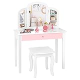 DREAMADE Kinder Schminktisch mit Hocker und abnehmbarem Spiegel, Kinderschminktisch aus Holz, Frisierkommode, Kosmetiktisch, Prinzessin Frisiertisch mit Schublade für Kinder Mädchen (Weiß)
