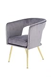 Qiyano Sessel Samt-Stuhl Retro-Look für Wohnzimmer oder Esszimmer Polsterstuhl Schminktisch Modern Vintage Design samtiger Stoffbezug und vergoldete Eisenfüße Farbe: Grau