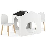 DREAMADE 3 in 1 Kindertisch mit 2 Stühlen aus Holz, Kindermöbel Set, Kinder Tisch Stuhl Set, Kindersitzgruppe mit Tafel Tischplatte für Malen und Lesen, für Kinderzimmer (Weiß)