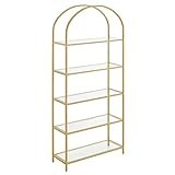 VASAGLE Konsolentisch, Regal, Bücherregal mit 5 Ebenen, Standregal aus Hartglas, Aufbewahrungsregal, bogenförmig, Metallstruktur, für Wohnzimmer, Schlafzimmer, Bad, goldfarben LGT050A01