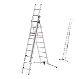 Hailo S100 ProfiLOT 3-teilige Alu-Kombileiter mit LOT-System | gleicht Unebenheiten aus | 2 x 9 + 1 x 8 profilierte Sprossen belastbar bis 150 kg | Aluleiter made in Germany | Leiter rostfrei | silber