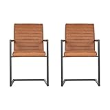 WOOOD Bas Esszimmerstühle Cognac - 2er Set Esstisch Stühle aus Vintage-Pu-Leder mit Rippenstruktur Küchenstuhl mit Rückenlehne und Armlehne
