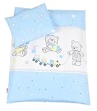 BABYLUX 2 tlg. Set Bezug für Kinderwagen Stubenwagen oder Wiege Garnitur Bettwäsche Kissen Decke 60 x 78 cm (70. Bär Cookie Blau)