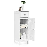 GOPLUS Badzimmerschrank mit Schublade, Badschrank schmal mit Lamellentür & verstellbarem Regal, Aufbewahrungsschrank für Badzimmer & Wohnzimmer