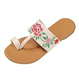 Modische Sommer-Damen-Sandalen, flach, leicht, Blumenstickerei, ethnischer Stil, Strand, lässige Damen-Sandalen, Outdoor-Lebensstil, beige, 37.5 EU