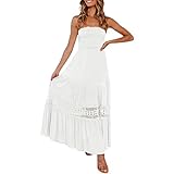 Eauptffy Damen Spitzenkleid Brautjungfer Elegant Cocktailkleid Damen Sommer Bohemian Trägerlos Schulterfrei Spitzenbesatz Rückenfrei Fließend A-Linie Strand Langes Maxikleid Kleid Damen A Linie