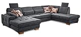 CAVADORE Wohnlandschaft Puccino mit Federkern, Sitztiefenverstellung und 2 Kopfstützen / Sofa in U-Form im Landhausstil / 340 x 86 x 224 cm / Mikrofaser grau