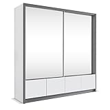 BETTSO -Kleiderschrank mit Spiegel Schwebetürenschrank Schrank mit vielen Einlegeböden und Kleiderstange Gaderobe Schiebtüren Schlafzimmer -VOX (Weiß+Weiß, 200 cm)