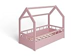 ms factory Hausbett Kinderbett 70x140 cm mit Rausfallschutz und Lattenrost - Einzelbett aus Kiefernholz für Mädchen und Junge - Rosa
