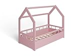 ms factory Hausbett Kinderbett 70x140 cm mit Rausfallschutz und Lattenrost - Einzelbett aus Kiefernholz für Mädchen und Junge - Rosa