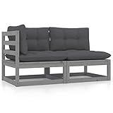 YUMENG 2-TLG. Garten-Lounge-Set mit Kissen, Lounge Gartenmöbel Set, Terassenmöbel Wetterfest, Gartenlounge, Balkon Möbel, Garten Loungemöbel Set, Garten Sitzgruppe, Grau Kiefer Massivholz