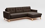 CAVADORE Ecksofa Lima mit Longchair / L-Form-Couch mit Wellenfederung, Holzrahmen + Steppung im Rücken / Flachgewebe, Braun