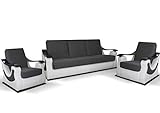 mb-moebel Polstergarnitur Sofa 3er & 2X Sessel 3-1-1 Möbel Set mit Bettkasten und Schlaffunktion Grau + Weiß Byron 311