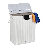Relaxdays Wäschesortierer, Bambus, 3 Fächer, je 30 Liter, Wäschekorb mit Deckel, Griffe, HxBxT: 63 x 55 x 35 cm, weiß