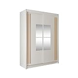 BETTSO -Schwebetürenschrank 150 cm mit Spiegel Kleiderschrank mit Kleiderstange und Einlegeboden Schlafzimmer- Wohnzimmerschrank Schiebetüren Modern Design-MAJKA Weiß+Votan Lamellen