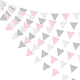 G2PLUS 12m Stoff Wimpel Girlande, 19x21CM Rosa Bunting Wimpelkette mit 42 STK Farbenfroh Wimpeln für Hochzeits Geburtstag Party-Rot Grau und Weiß