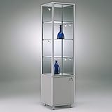 MHN Standvitrine Vitrine stehend Glas abschließbar Alu Ausstellungsvitrine rollbar mit Unterschrank Staufach 50 cm breit Spiegelrückwand