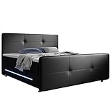 Juskys Boxspringbett Oakland 180 x 200 cm — LED Beleuchtung, Bonell-Matratzen, Topper & Kunstleder — 58 cm Komforthöhe — schwarz — Bett Doppelbett