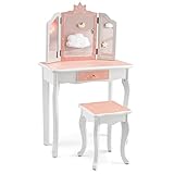COSTWAY Schminktisch Set Kinder, Frisiertisch mit dreifach klappbarem Spiegel, Schublade & Hocker, 2-in-1 Schminktisch & Schreibtisch mit Abnehmbarer Platte, Schminkkommode Mädchen (Rosa + Weiß)