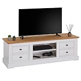 IDIMEX TV-Lowboard Kent, schöner Fernsehschrank aus Kiefer massiv in weiß/braun, praktisches HiFi-Möbel mit 4 Schubladen, attraktives Sideboard mit Zwei Nischen