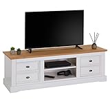 IDIMEX TV-Lowboard Kent, schöner Fernsehschrank aus Kiefer massiv in weiß/braun, praktisches HiFi-Möbel mit 4 Schubladen, attraktives Sideboard mit Zwei Nischen