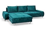 Furnetti Ecksofa Nevada 270x182 cm, 3 Sitzer mit Schlaffunktion – 225 x130 cm, Couchgarnitur,Bettsofa aus Samt mit federkern Couch, Sofagarnitur, Ecksofa, grün, Links