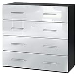 Vladon Sideboard Pavos, Kommode mit 4 Schubladen, Schwarz matt/Weiß Hochglanz (76 x 72 x 35 cm)