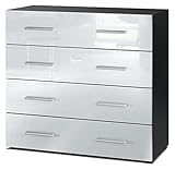 Vladon Sideboard Pavos, Kommode mit 4 Schubladen, Schwarz matt/Weiß Hochglanz (76 x 72 x 35 cm)