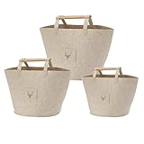 Bada Bing 3er Set Aufbewahrungskorb rund aus Filz mit Holz Griff - Hirsch beige - Zeitungsständer Kaminholztasche Tasche Korb Aufbewahrung für Spielzeug groß Geschenk Weihnachten 81