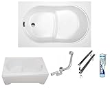 ECOLAM Badewanne Sitzbadewanne Wanne Rechteck Acryl weiß Wivea 130x75 cm + Schürze Ablaufgarnitur Ab- und Überlauf Automatik Füße Silikon Komplett-Set (130 x 75 cm)