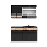 Vicco Küchenzeile Küchenblock Einbauküche Fame-Line Weiß Schwarz Eiche 140 cm modern Hochglanz Küchenschränke Küchenmöbel